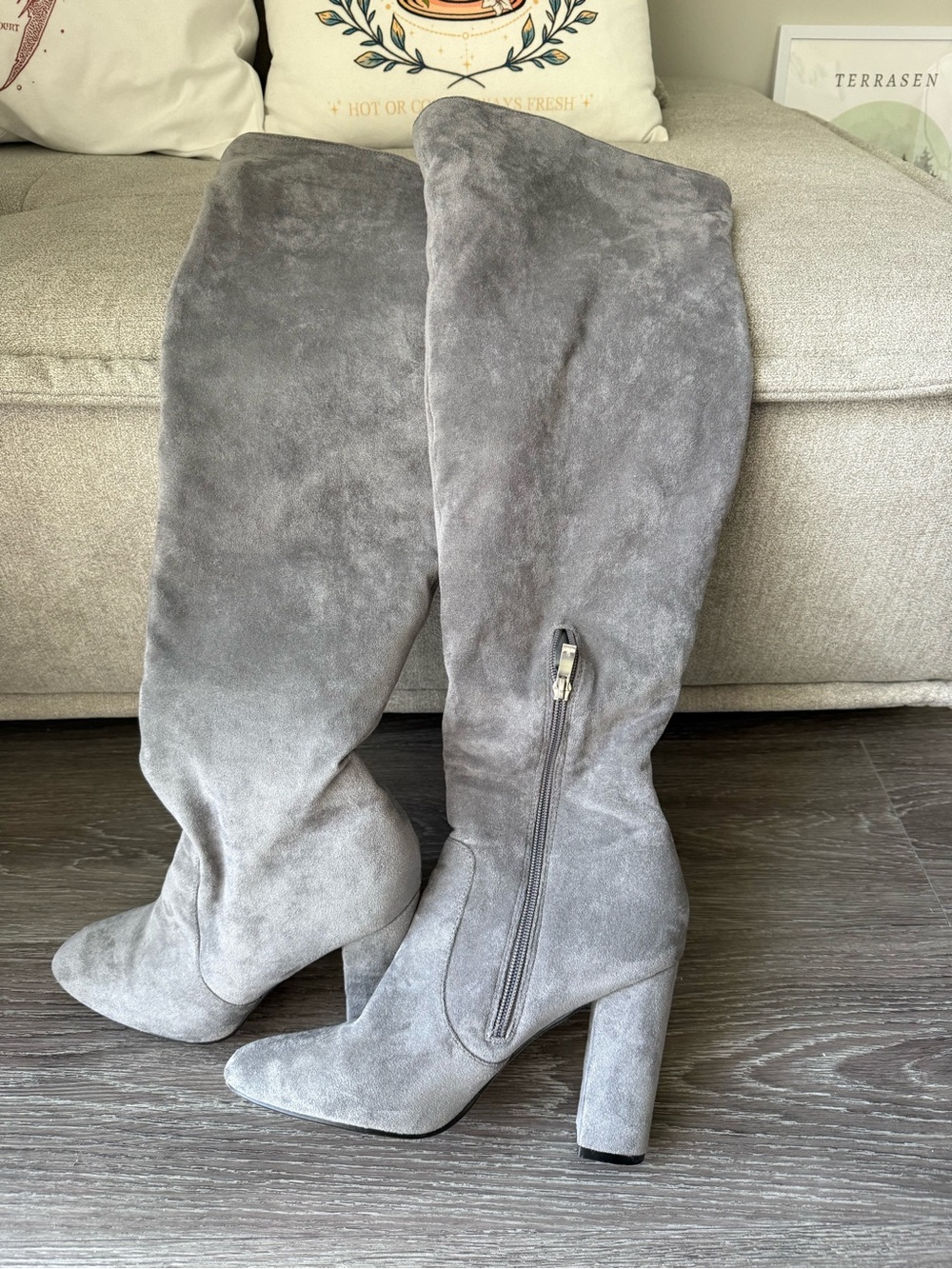 PrettyLittleThing Gray Over-the-Knee Suede Block Heel Boots